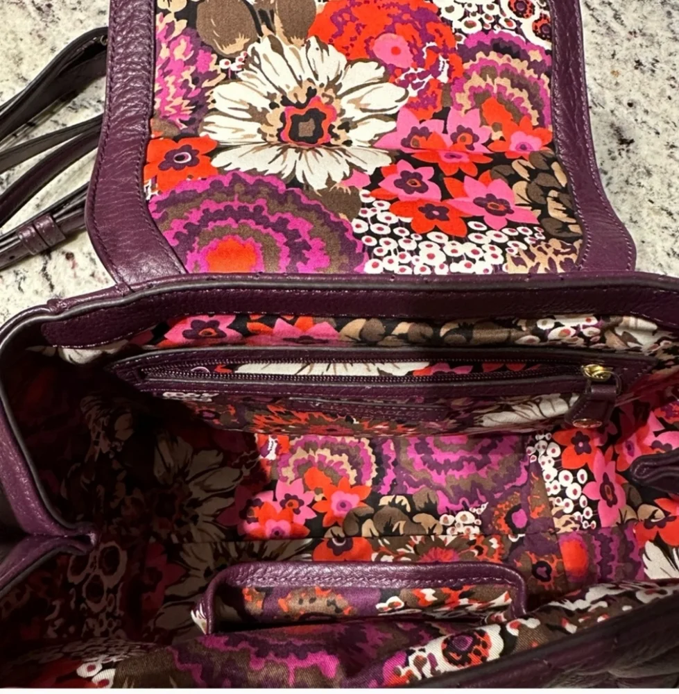 Vera Bradley Quilted Leather Stella Satchel Crossbody Aubergine - Eggplant EUC